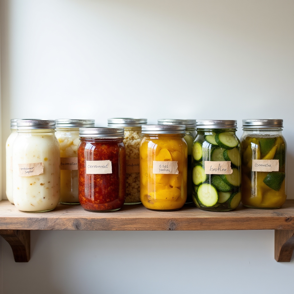 Row of filled fermentation jars with labels on a wooden workshop table