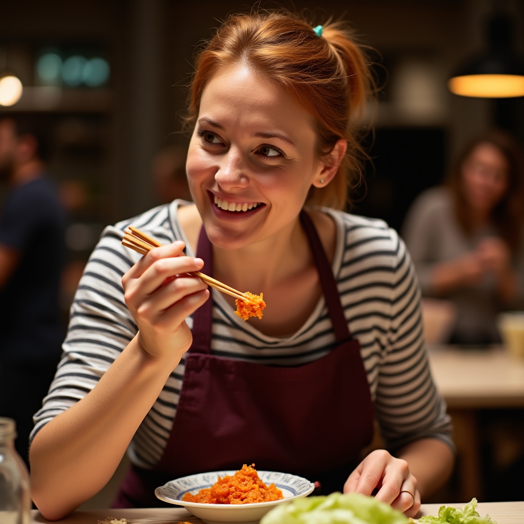 Workshop participant tasting freshly prepared kimchi with an expression of curiosity and delight
