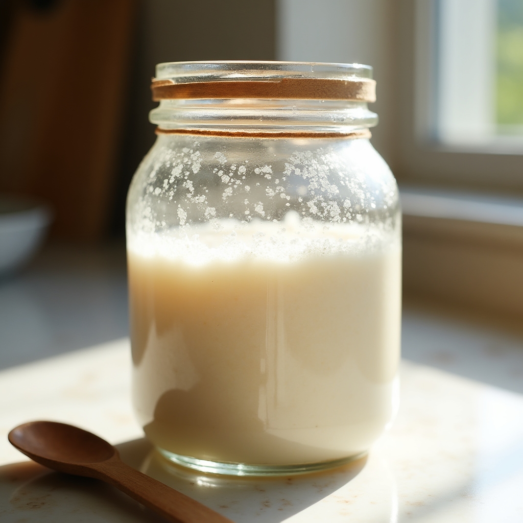 Close-up of active sourdough starter bubbling in a glass jar on a kitchen counter