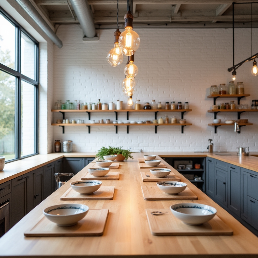 Bright, organized fermentation workshop kitchen space with natural light and wooden surfaces